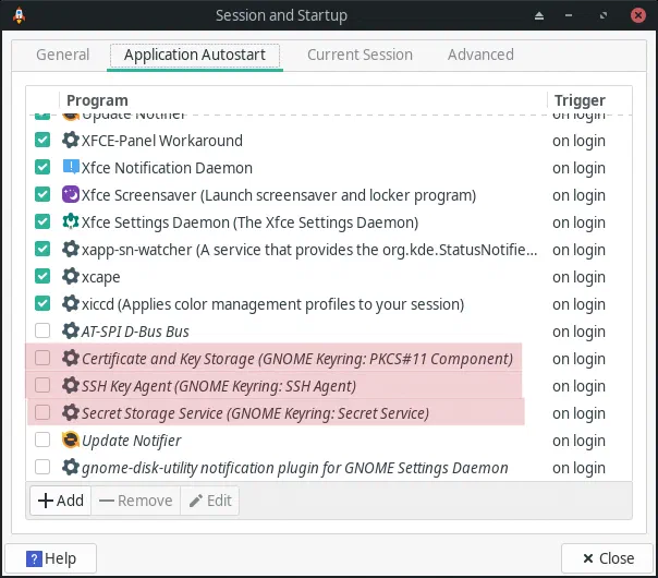 XFCE disable GNOME services in autostart