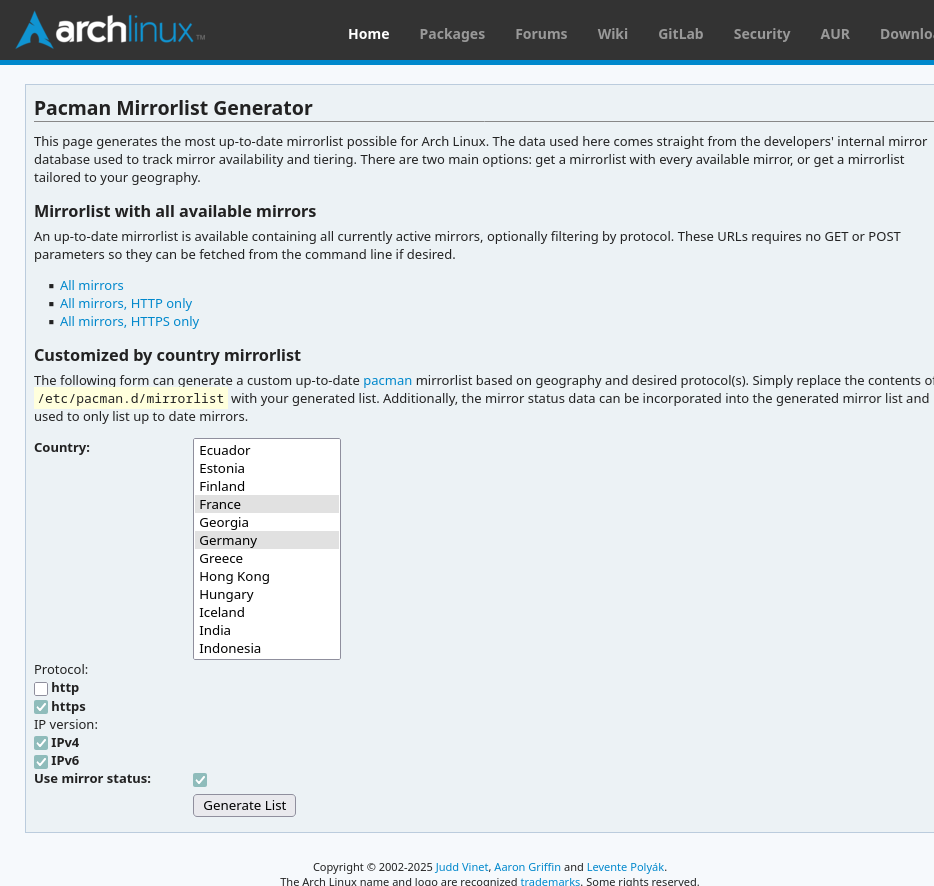 Arch Linux Mirrorlist